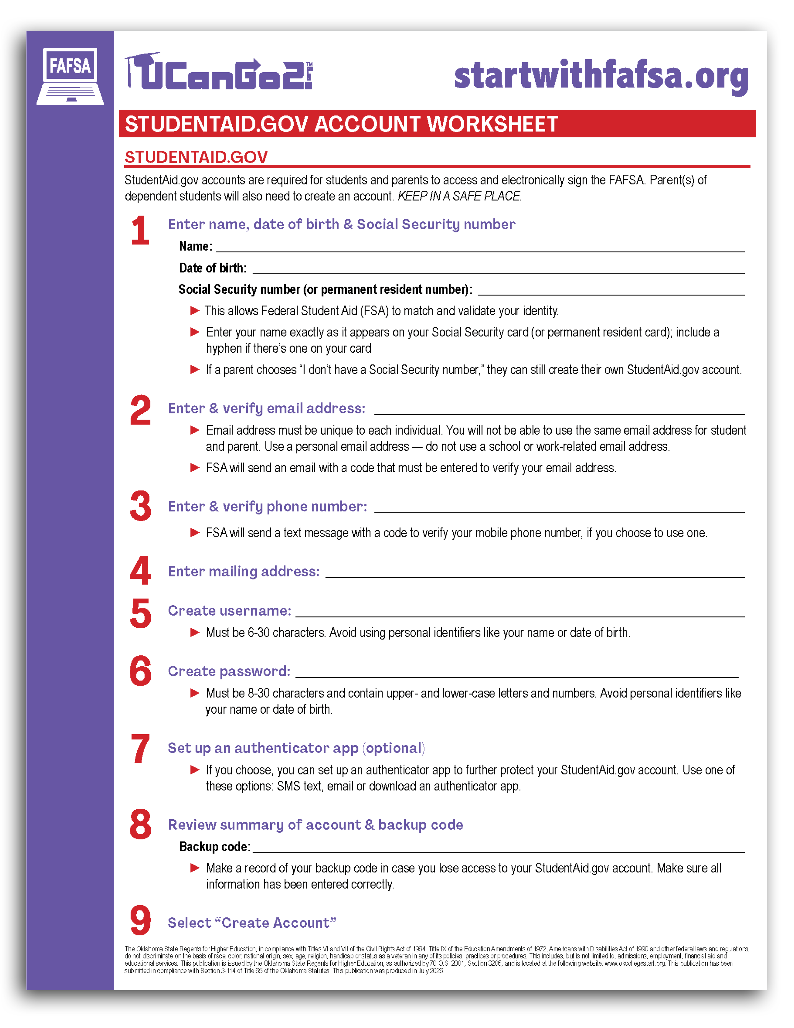 Student Aid.gov Account Worksheet
